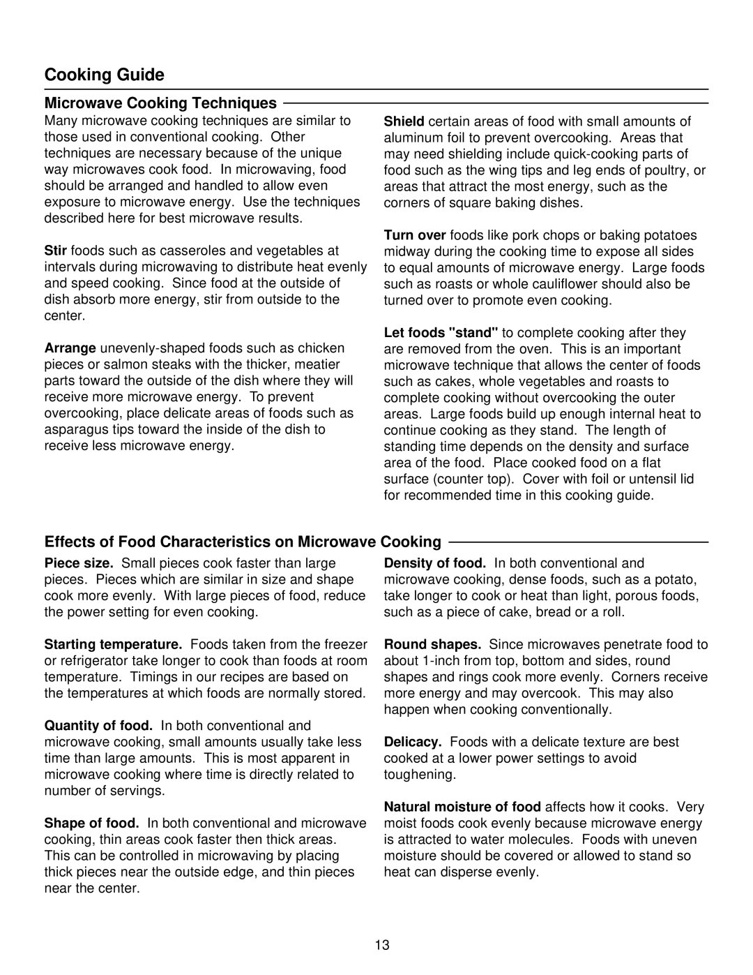 Amana MW96T, FE116T, ME96T manual Microwave Cooking Techniques, Effects of Food Characteristics on Microwave Cooking 