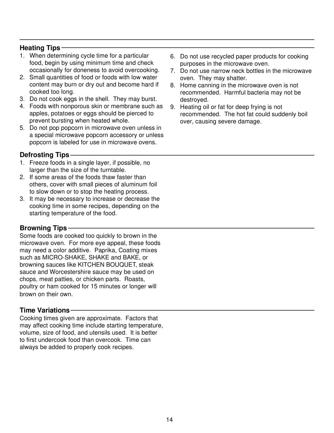 Amana ME96T, FE116T, MW96T manual Heating Tips, Defrosting Tips, Browning Tips, Time Variations 