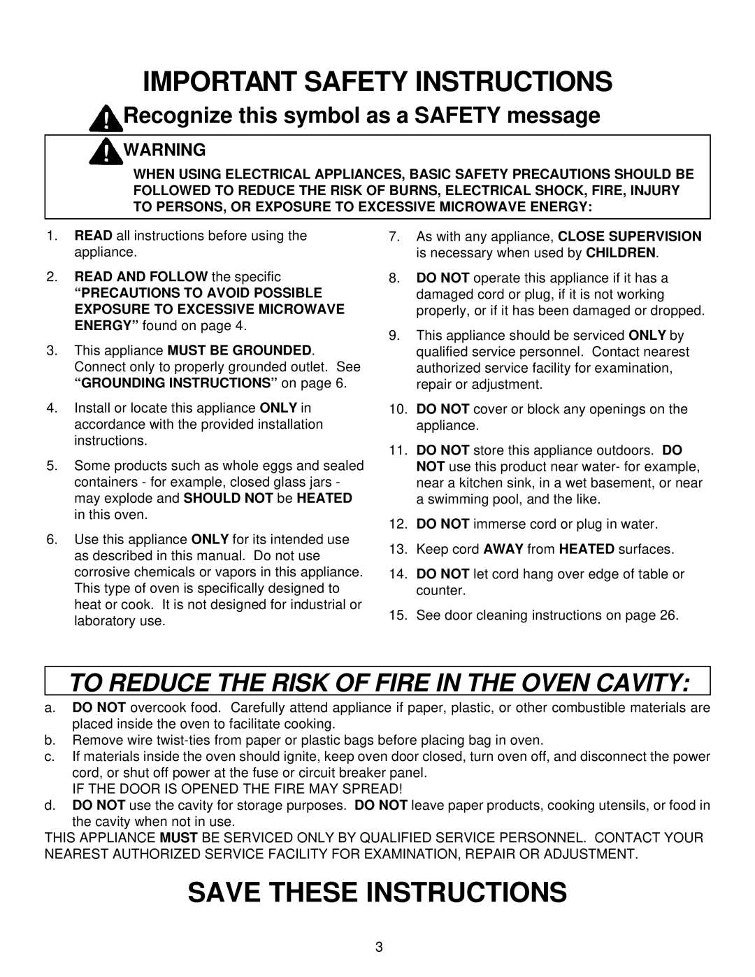 Amana FE116T, MW96T, ME96T manual Important Safety Instructions 