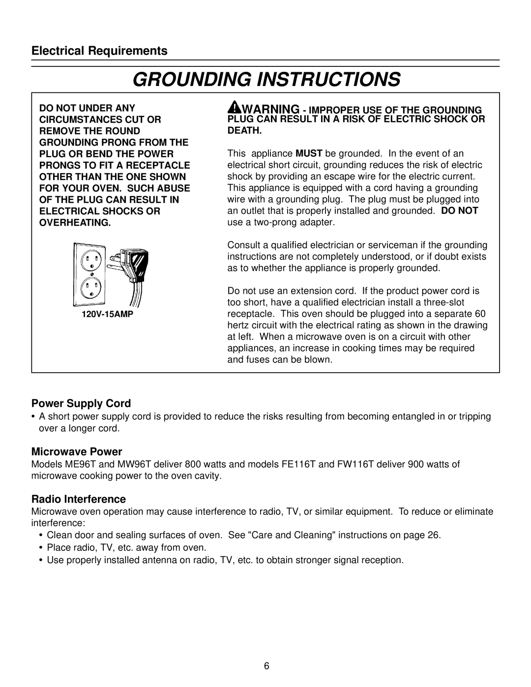 Amana FE116T, MW96T, ME96T manual Power Supply Cord, Microwave Power, Radio Interference 