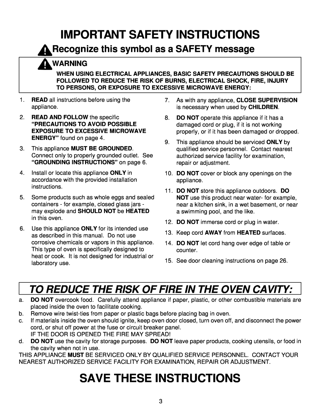 Amana FE116T, MW96T Important Safety Instructions, Save These Instructions, To Reduce The Risk Of Fire In The Oven Cavity 