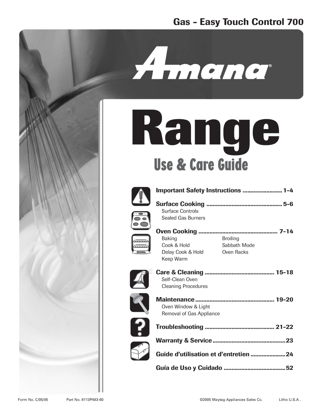 Amana Gas - Easy Touch Control Range, 700 important safety instructions Gas Easy Touch Control 