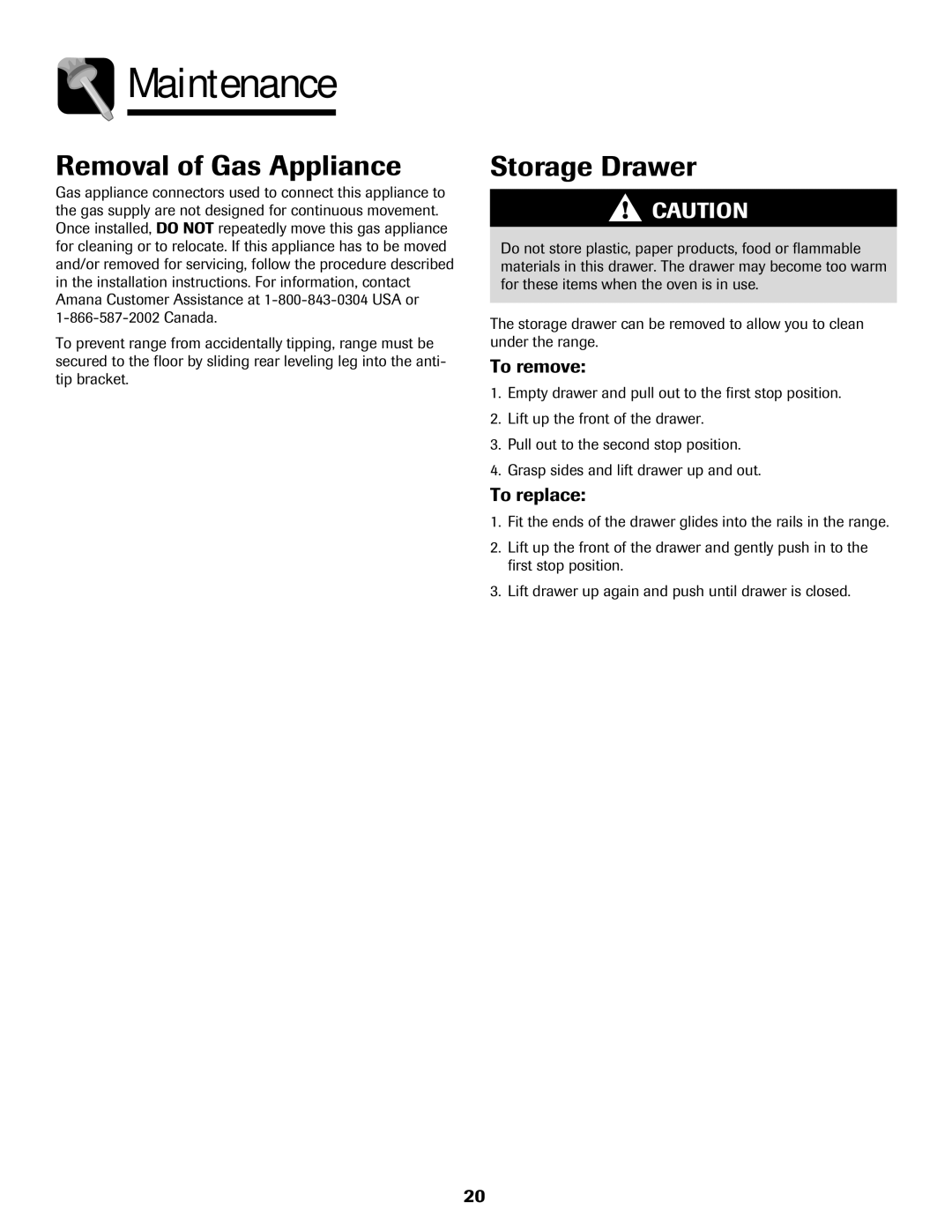 Amana Gas - Easy Touch Control Range, 700 important safety instructions Removal of Gas Appliance, Storage Drawer 