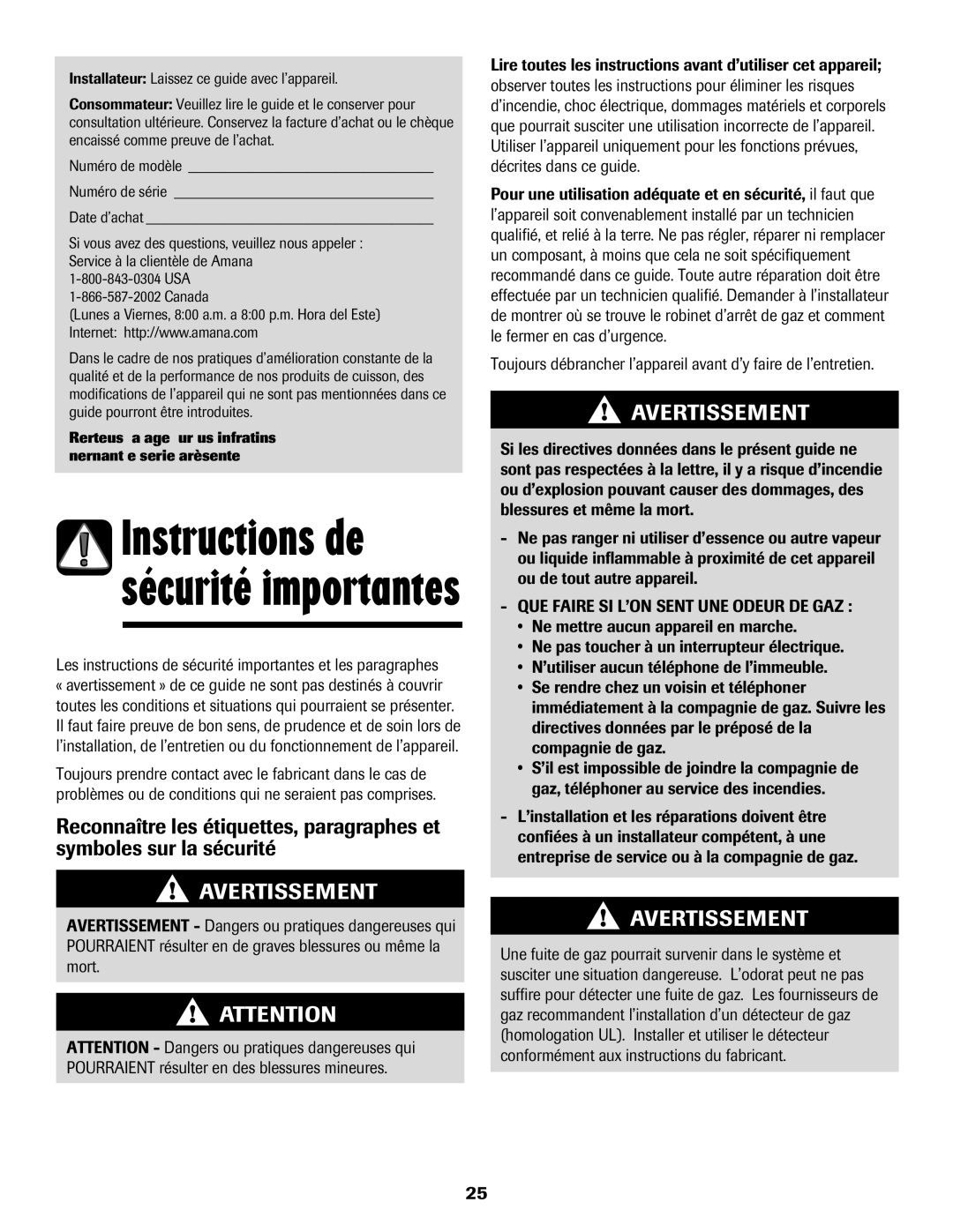 Amana 700 Instructions de sécurité importantes, Les instructions de sécurité importantes et les paragraphes 