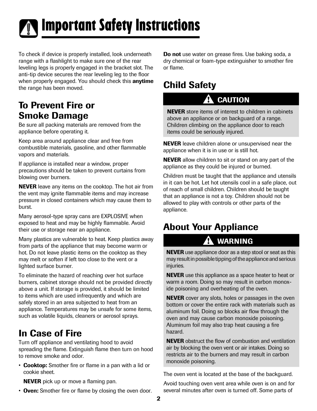 Amana Gas - Easy Touch Control Range, 700 Important Safety Instructions, To Prevent Fire or Smoke Damage, Case of Fire 