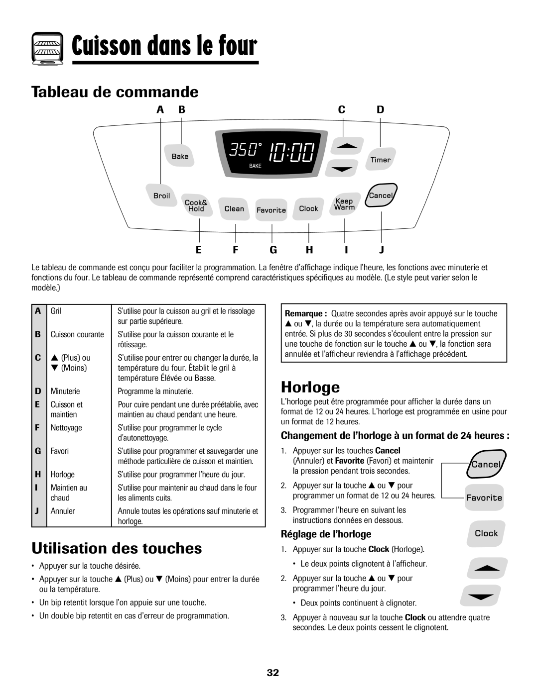 Amana Gas - Easy Touch Control Range, 700 Cuisson dans le four, Tableau de commande, Utilisation des touches, Horloge 