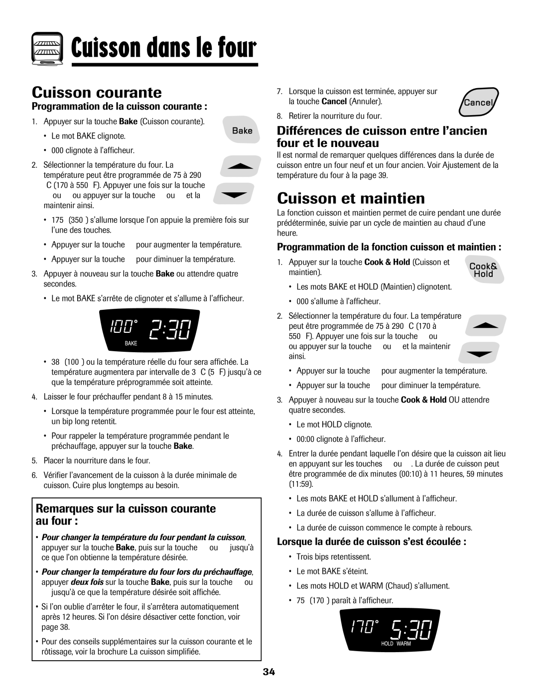 Amana Gas - Easy Touch Control Range, 700 Cuisson courante, Cuisson et maintien, Remarques sur la cuisson courante au four 