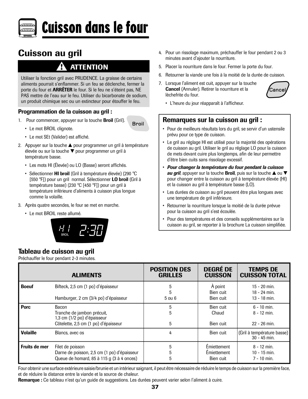 Amana 700, Gas - Easy Touch Control Range Cuisson au gril, Remarques sur la cuisson au gril, Tableau de cuisson au gril 