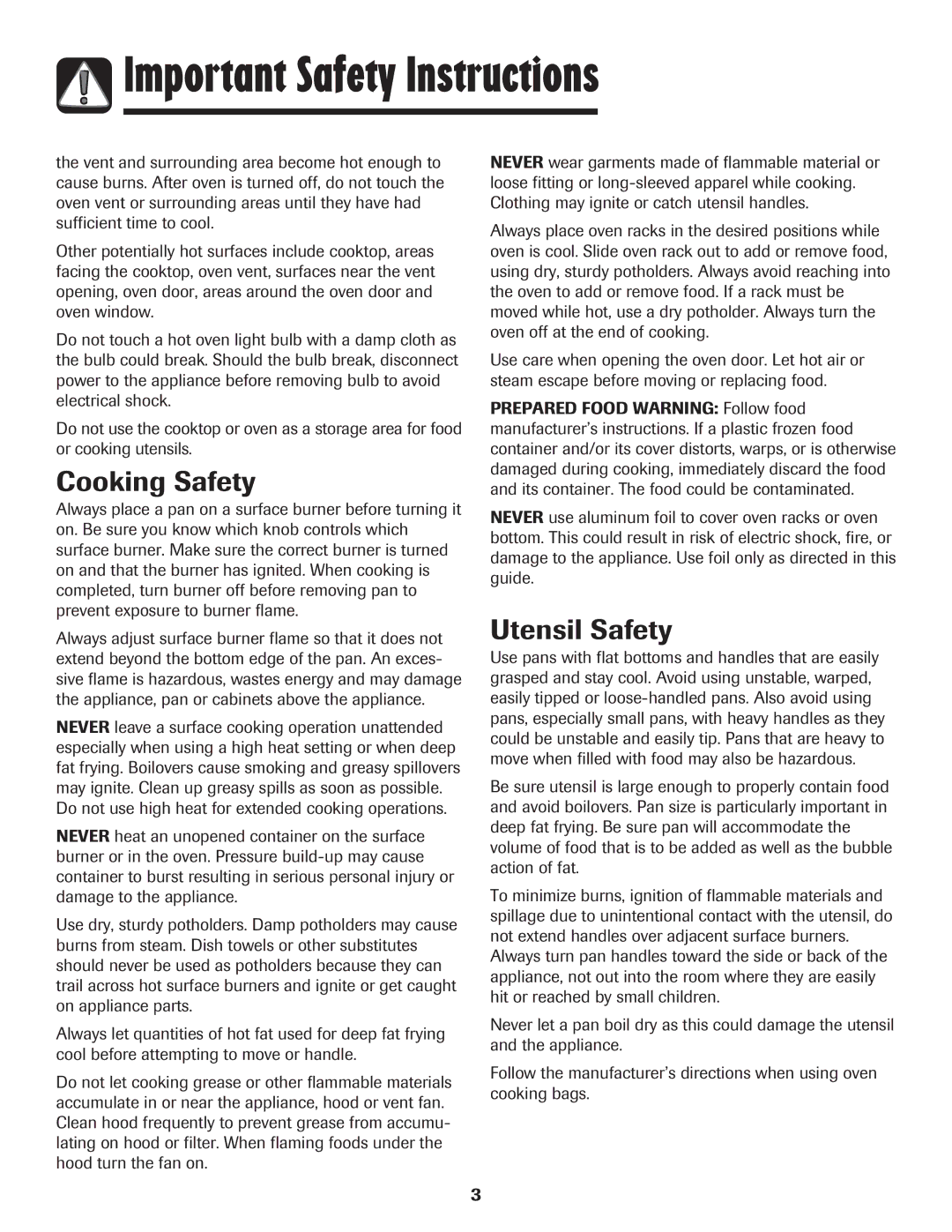 Amana 700, Gas - Easy Touch Control Range important safety instructions Cooking Safety, Utensil Safety 