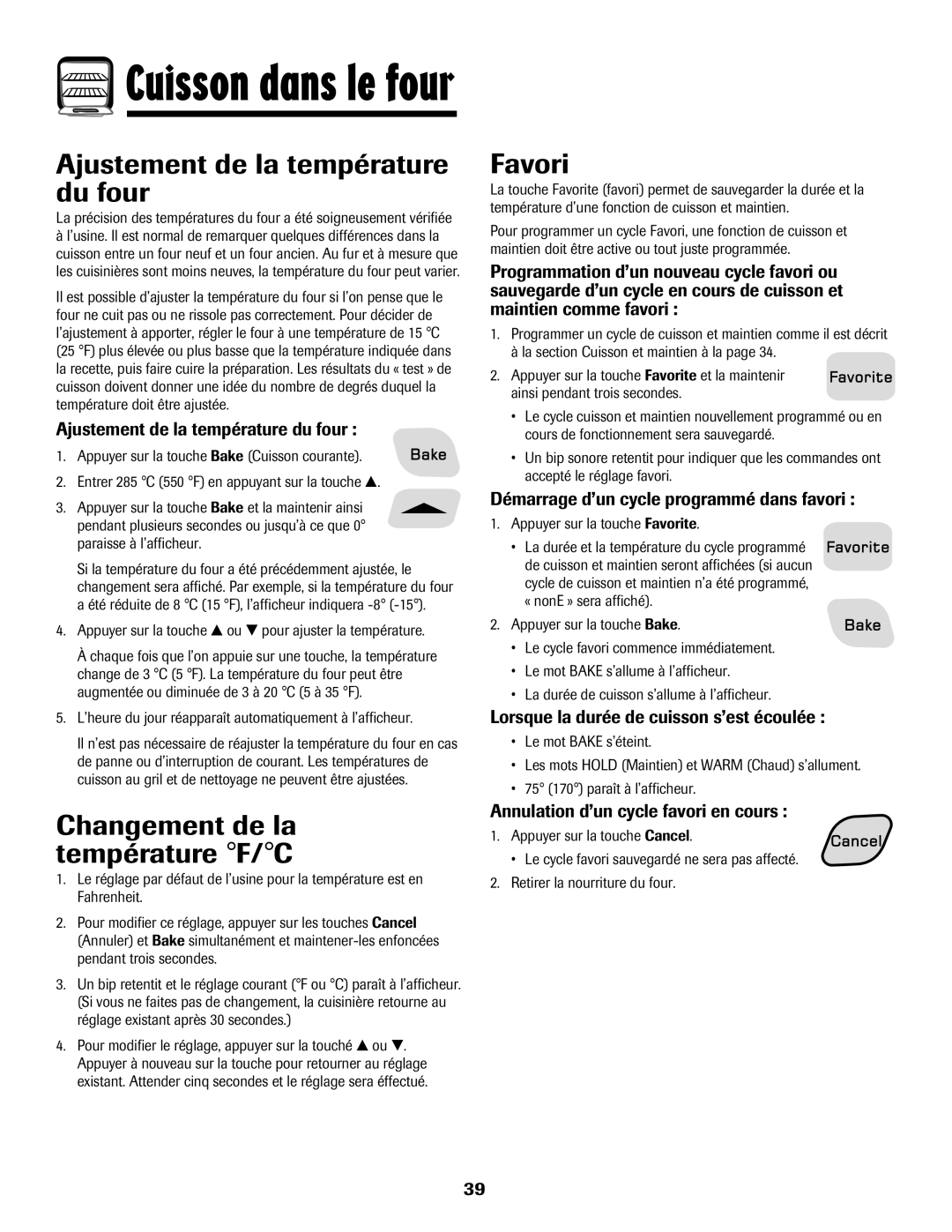 Amana 700, Gas - Easy Touch Control Range Ajustement de la température du four, Changement de la température F/C, Favori 