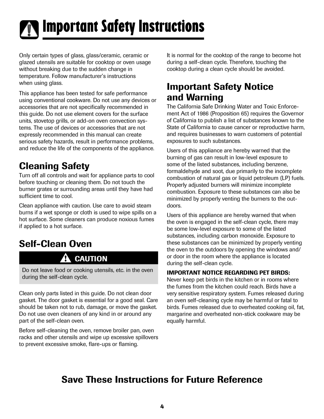 Amana Gas - Easy Touch Control Range, 700 Cleaning Safety, Self-Clean Oven, Important Safety Notice and Warning 