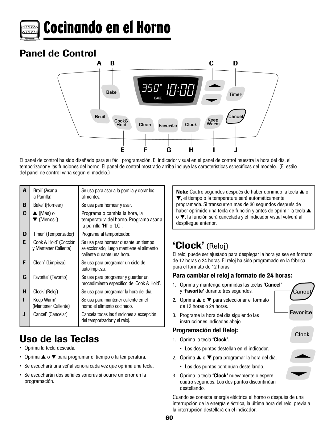 Amana Gas - Easy Touch Control Range, 700 Cocinando en el Horno, Panel de Control, Uso de las Teclas, ‘Clock’ Reloj 