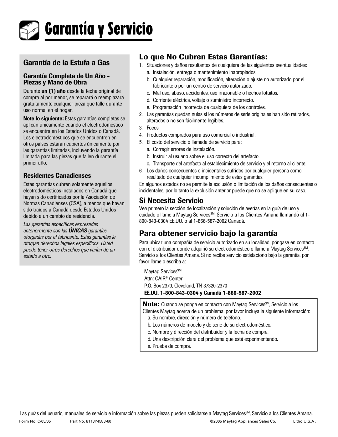 Amana 700 Garantía y Servicio, Garantía de la Estufa a Gas, Lo que No Cubren Estas Garantías, Si Necesita Servicio 