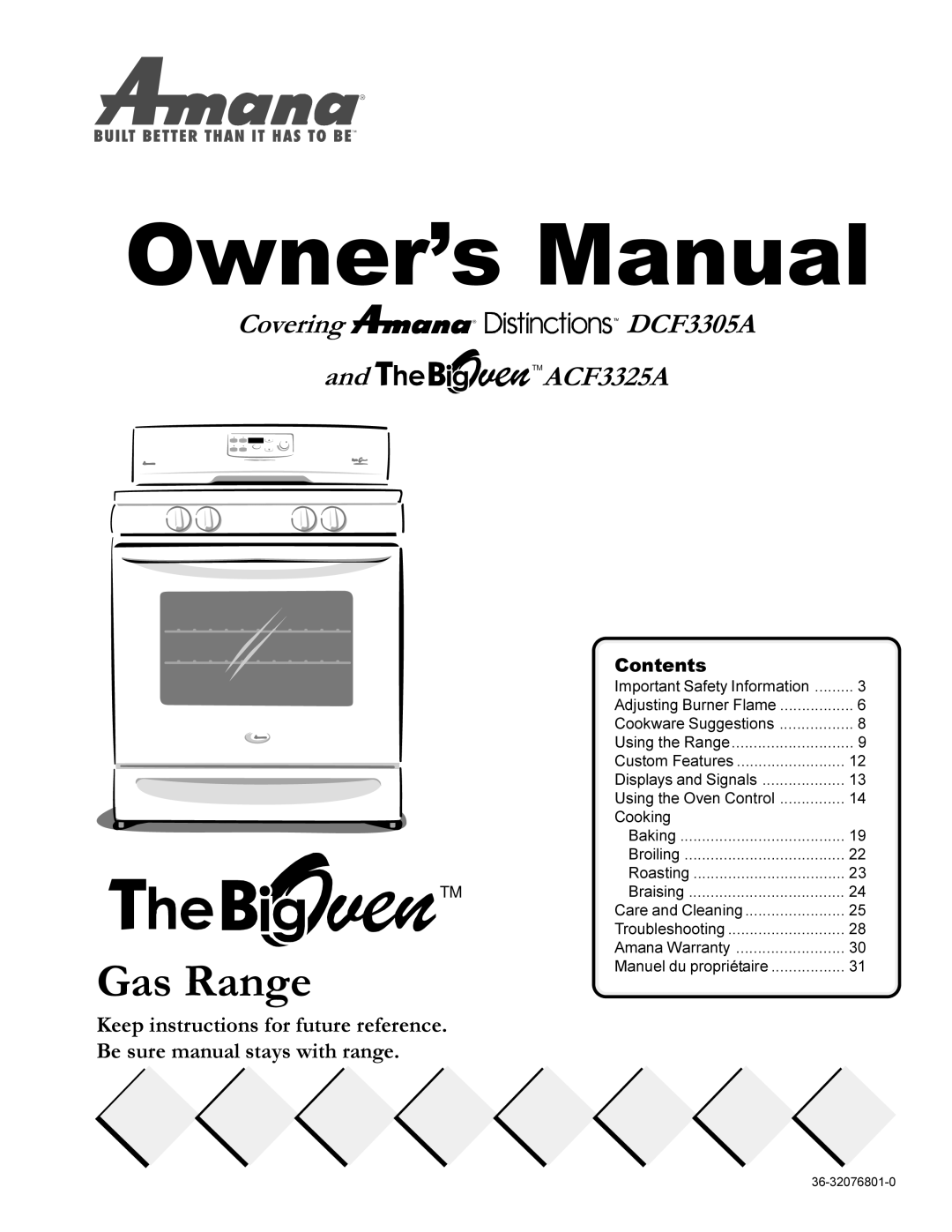 Amana Gas Range warranty Covering DCF3305A TMACF3325A, Contents 