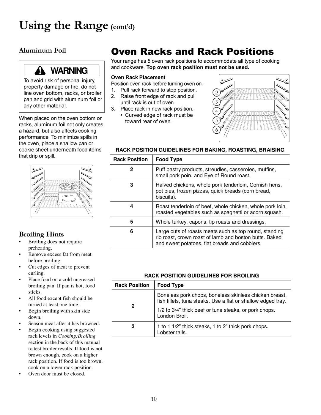 Amana ACF3325A, Gas Range, DCF3305A Using the Range cont’d, Oven Racks and Rack Positions, Aluminum Foil, Broiling Hints 