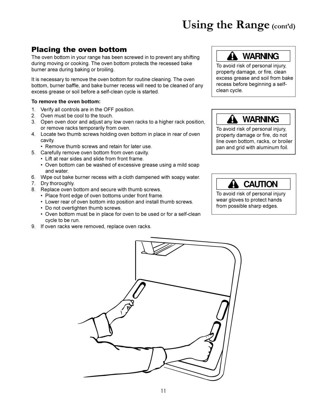 Amana DCF3305A, Gas Range, ACF3325A warranty Placing the oven bottom, To remove the oven bottom 