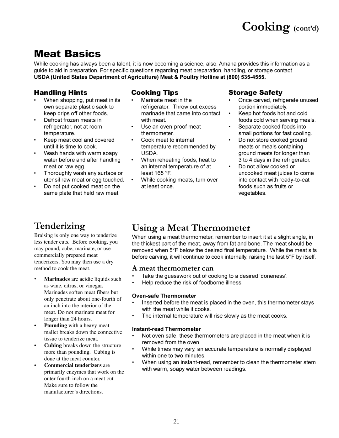 Amana Gas Range, ACF3325A, DCF3305A warranty Meat Basics, Tenderizing, Using a Meat Thermometer, Meat thermometer can 