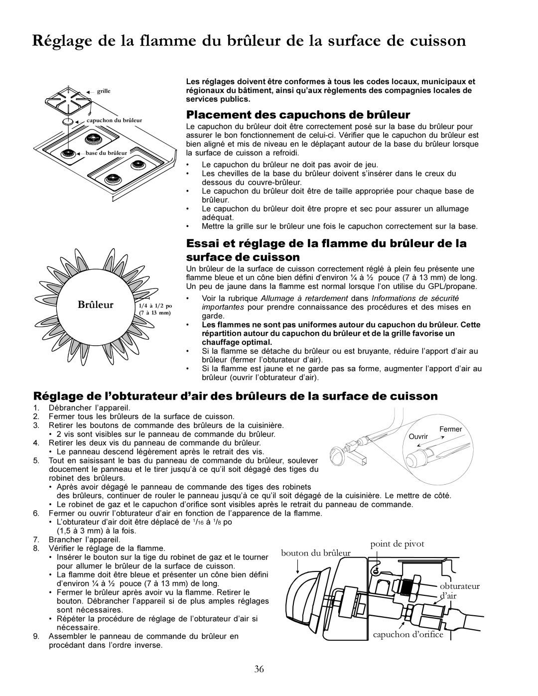 Amana Gas Range, ACF3325A Réglage de la flamme du brûleur de la surface de cuisson, Placement des capuchons de brûleur 