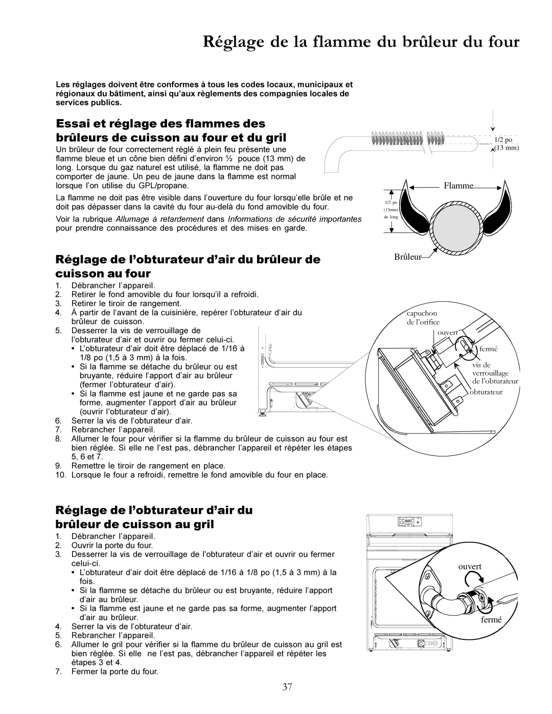 Amana ACF3325A, Gas Range, DCF3305A warranty Réglage de l’obturateur d’air du brûleur de cuisson au four 