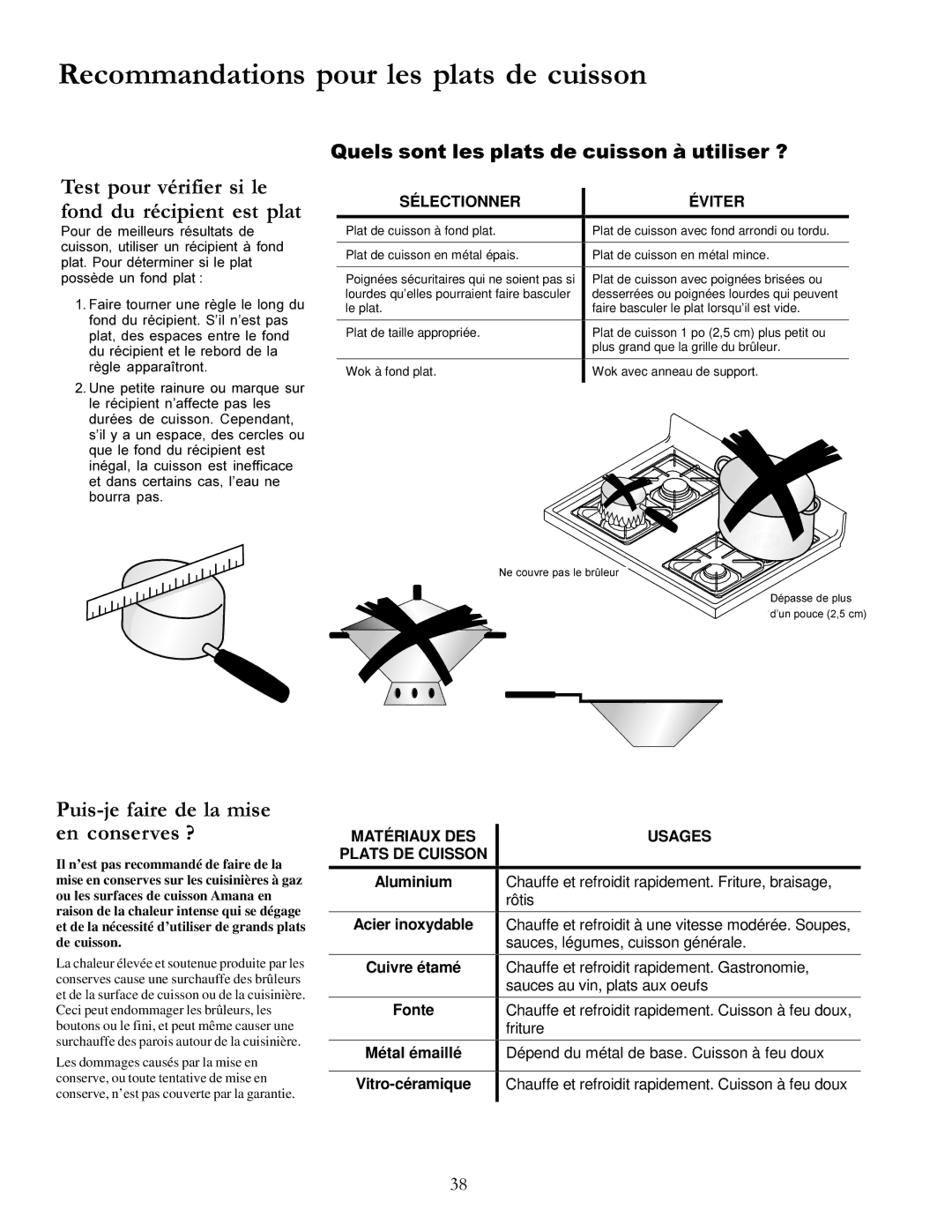 Amana DCF3305A Recommandations pour les plats de cuisson, SÉ Lectionner Viter, Matériaux DES Usages Plats DE Cuisson 