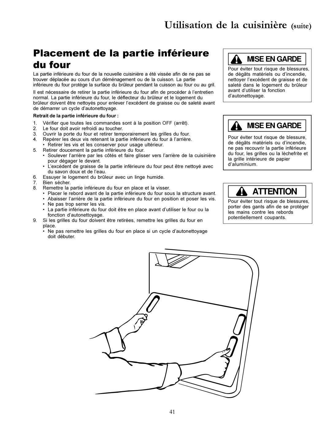 Amana DCF3305A, Gas Range, ACF3325A Placement de la partie inférieure du four, Retrait de la partie inférieure du four 