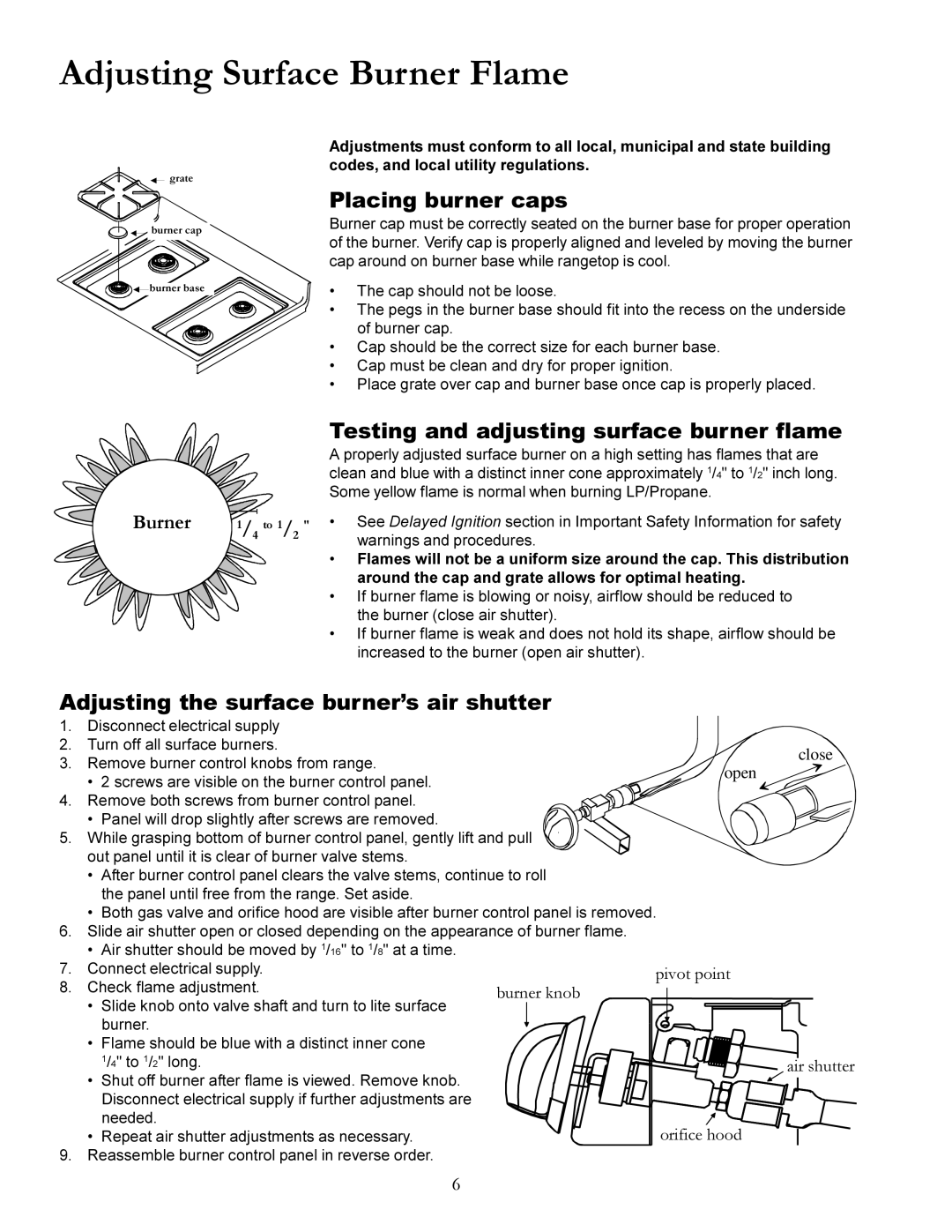 Amana Gas Range, ACF3325A Adjusting Surface Burner Flame, Placing burner caps, Testing and adjusting surface burner flame 