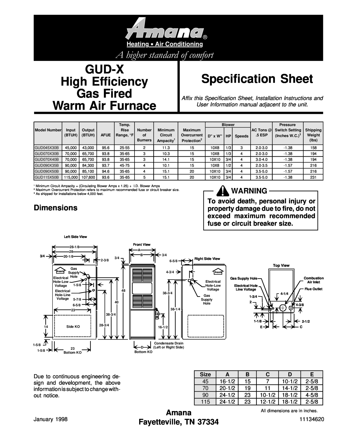 Amana GUD-X dimensions Dimensions, Size, 11134620, Gud-X, Specification Sheet, High Efficiency, Gas Fired, Amana 