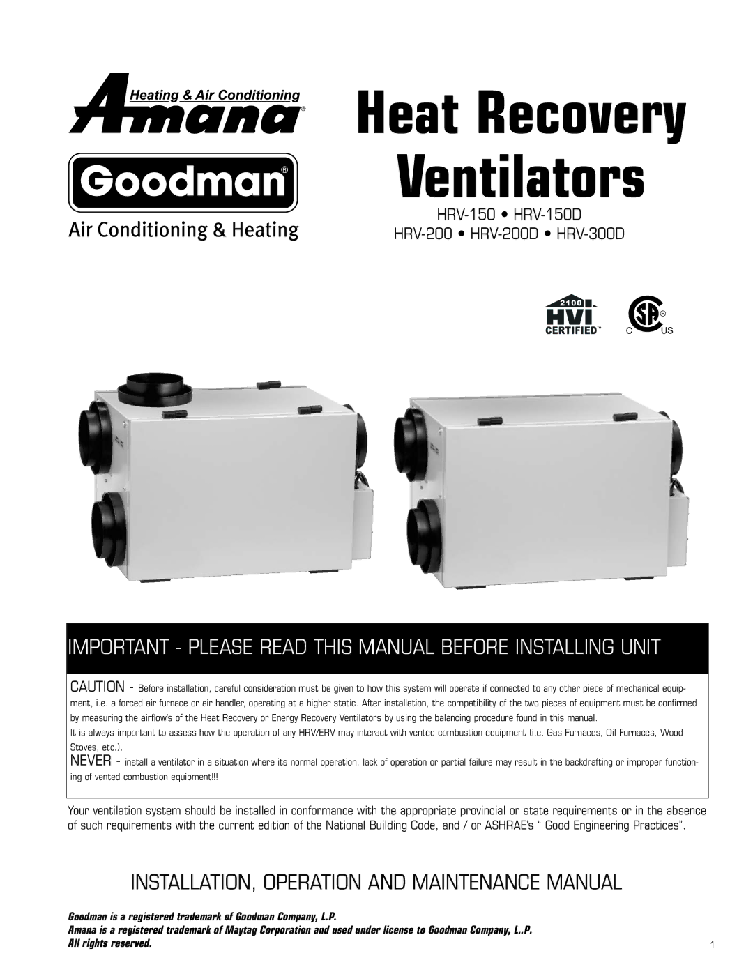 Amana HRV-150D, HRV-200D, HRV-300D manual Ventilators 