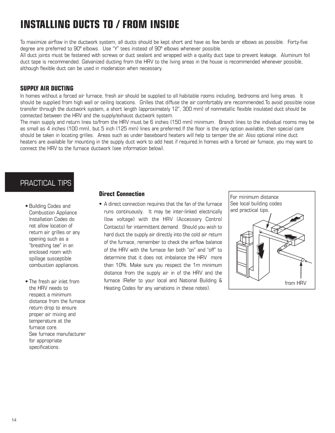 Amana HRV-150D, HRV-200D, HRV-300D Installing Ducts to / from Inside, Supply AIR Ducting, Direct Connection, From HRV 