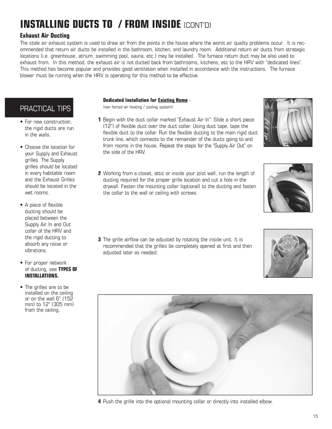 Amana HRV-200, HRV-150 Installing Ducts to / from Inside Contd, Exhaust Air Ducting, For proper network Ducting, see Types 