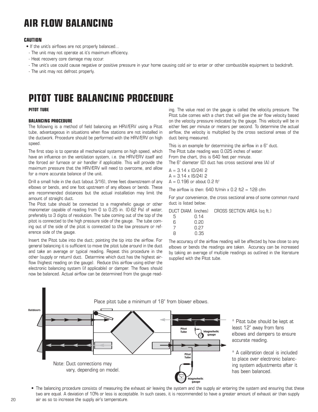 Amana HRV-200 AIR Flow Balancing, Pitot Tube Balancing Procedure, Place pitot tube a minimum of 18 from blower elbows 