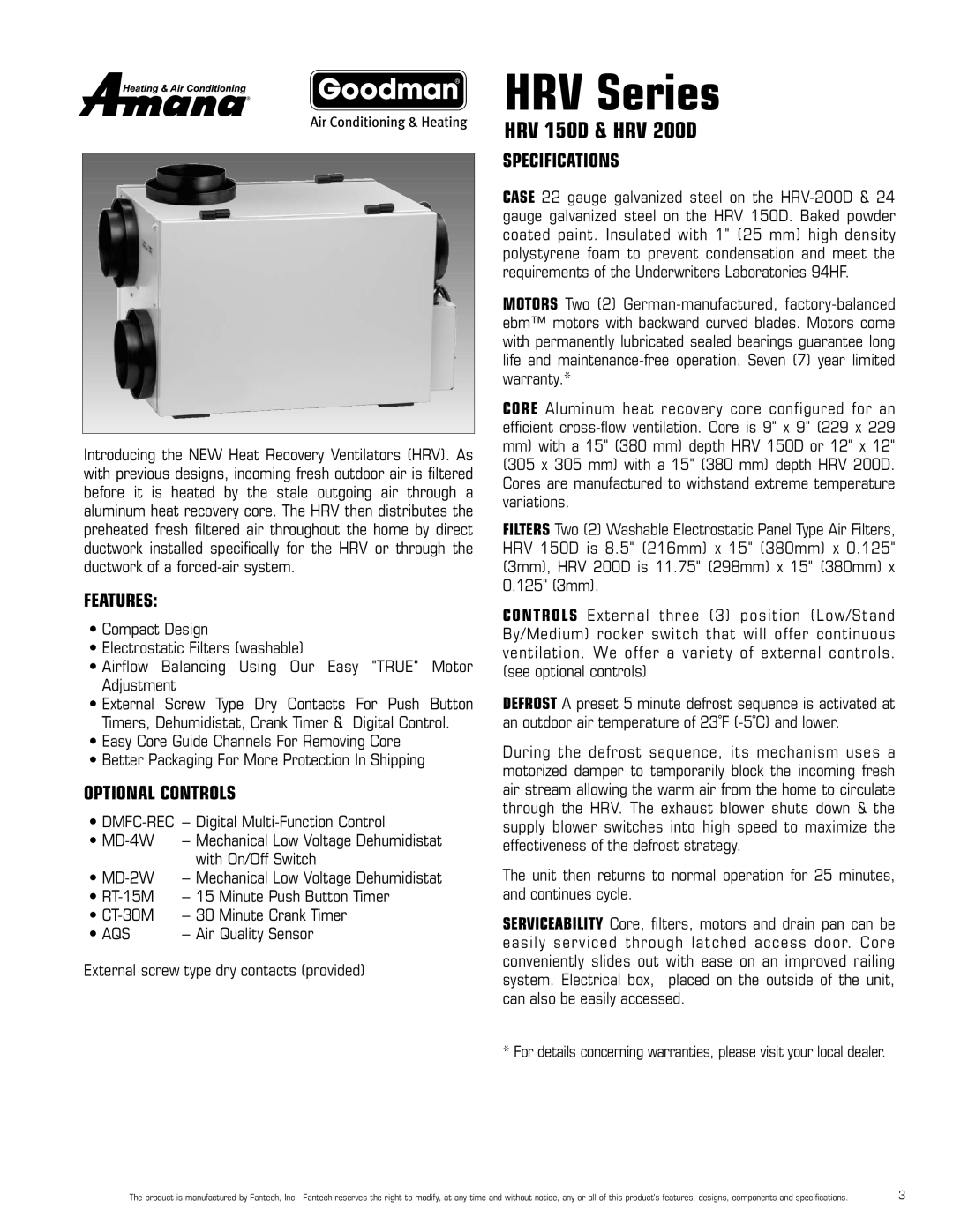 Amana HRV-300D, HRV-150D, HRV-200D manual Features, Optional Controls, Specifications, Air Quality Sensor 