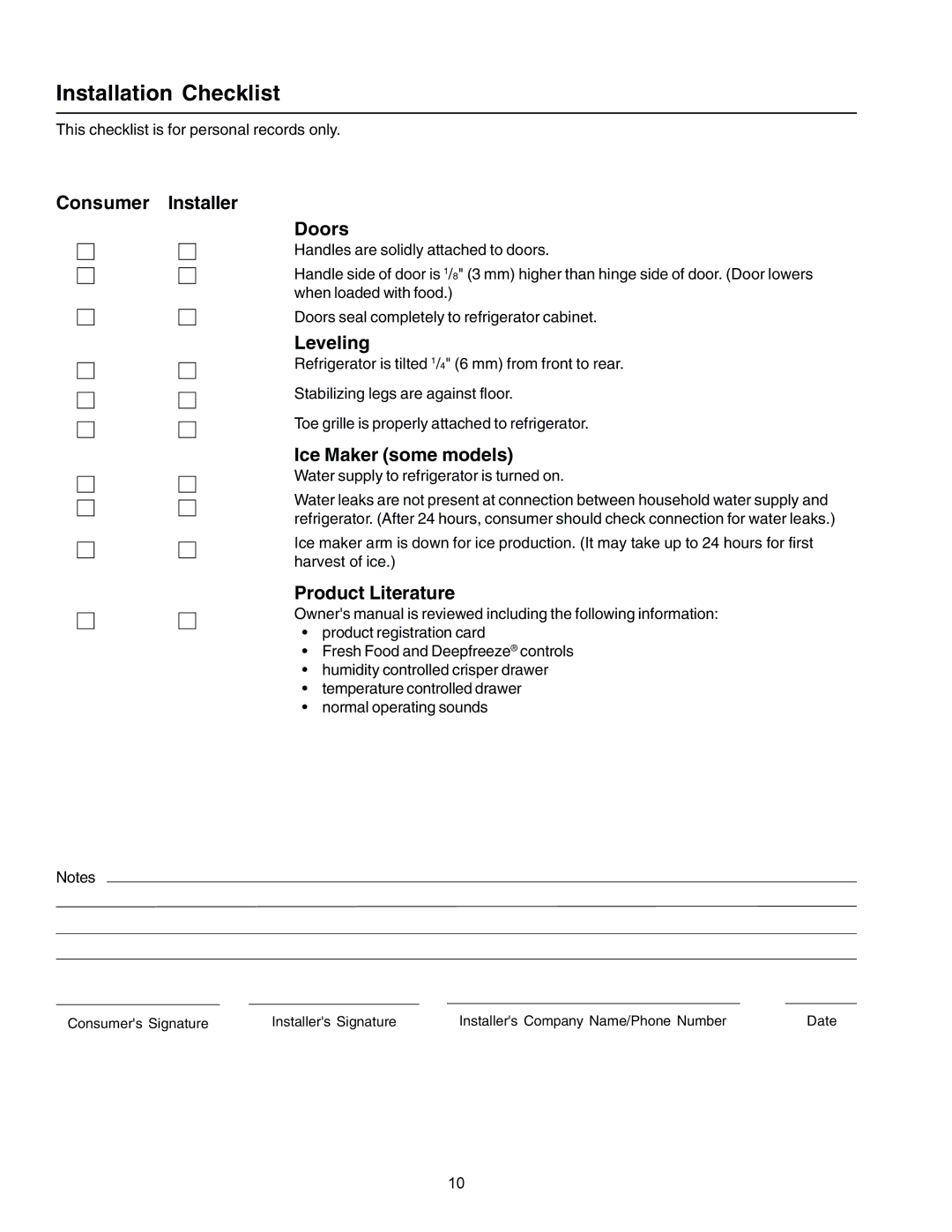 Amana IA 52204-0001 Installation Checklist, Consumer Installer Doors, Leveling, Ice Maker some models, Product Literature 