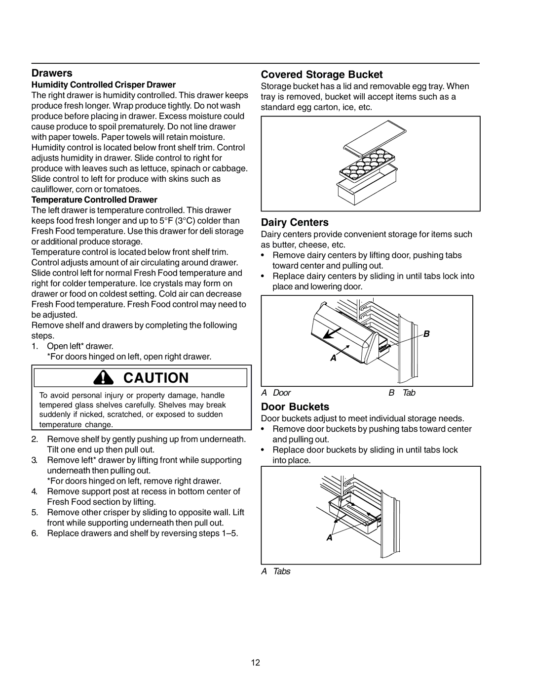 Amana IA 52204-0001 owner manual Drawers, Covered Storage Bucket, Dairy Centers, Door Buckets 