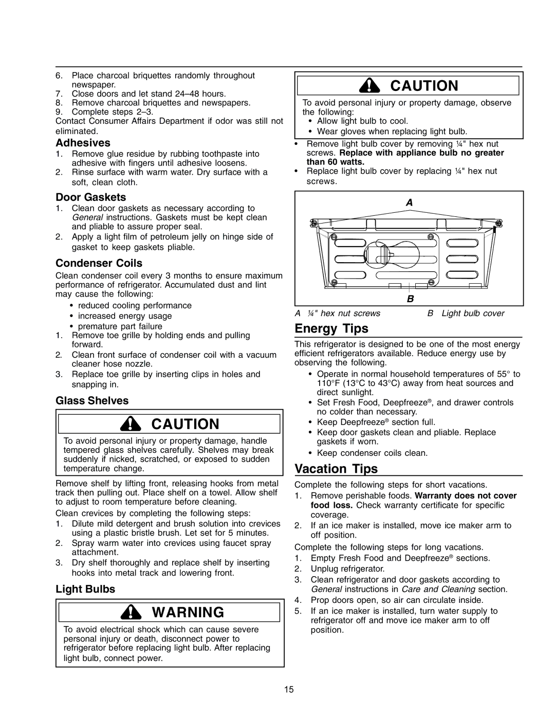 Amana IA 52204-0001 owner manual Energy Tips, Vacation Tips 