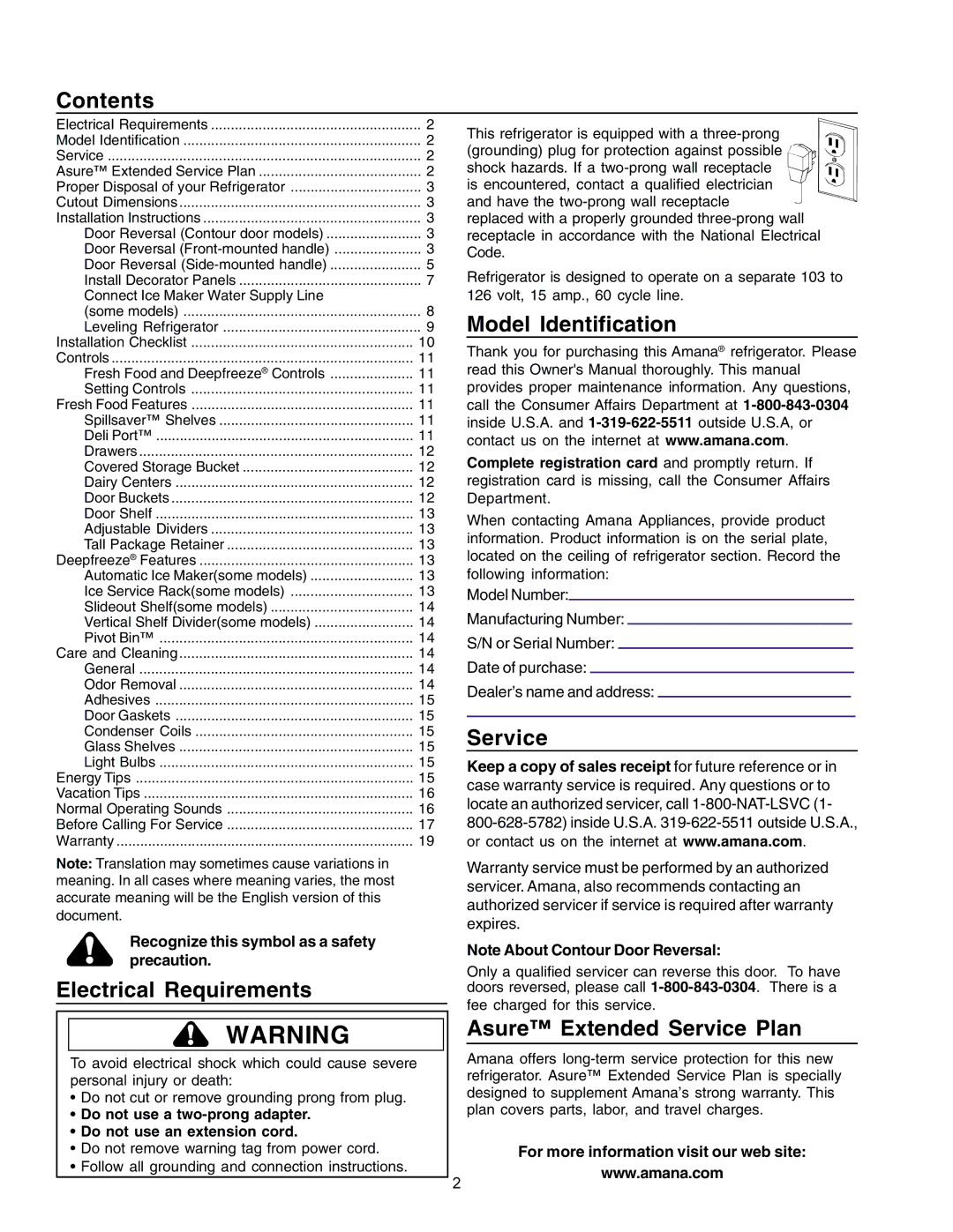 Amana IA 52204-0001 owner manual Contents, Electrical Requirements, Model Identification, Asure Extended Service Plan 