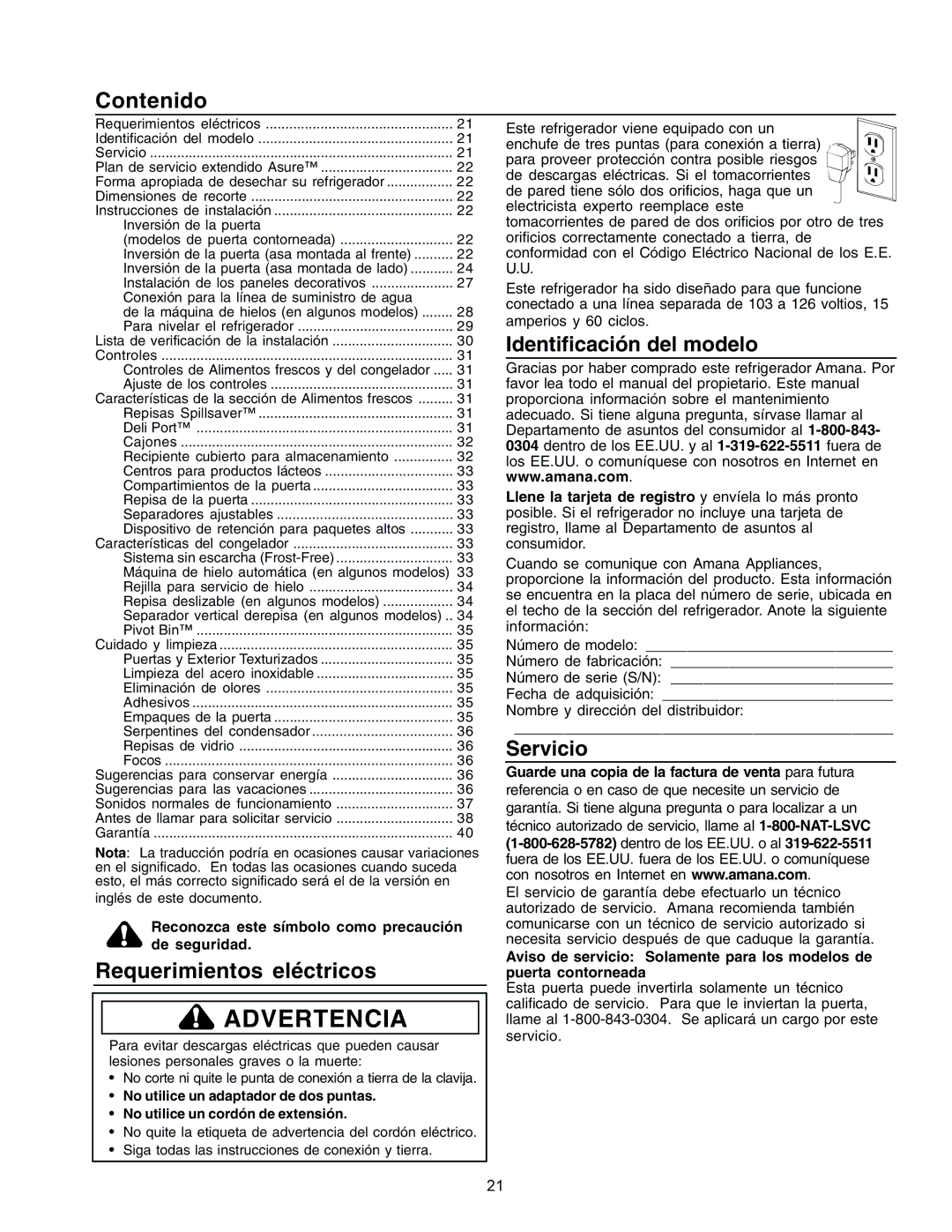 Amana IA 52204-0001 owner manual Contenido, Requerimientos eléctricos, Reconozca este símbolo como precaución de seguridad 