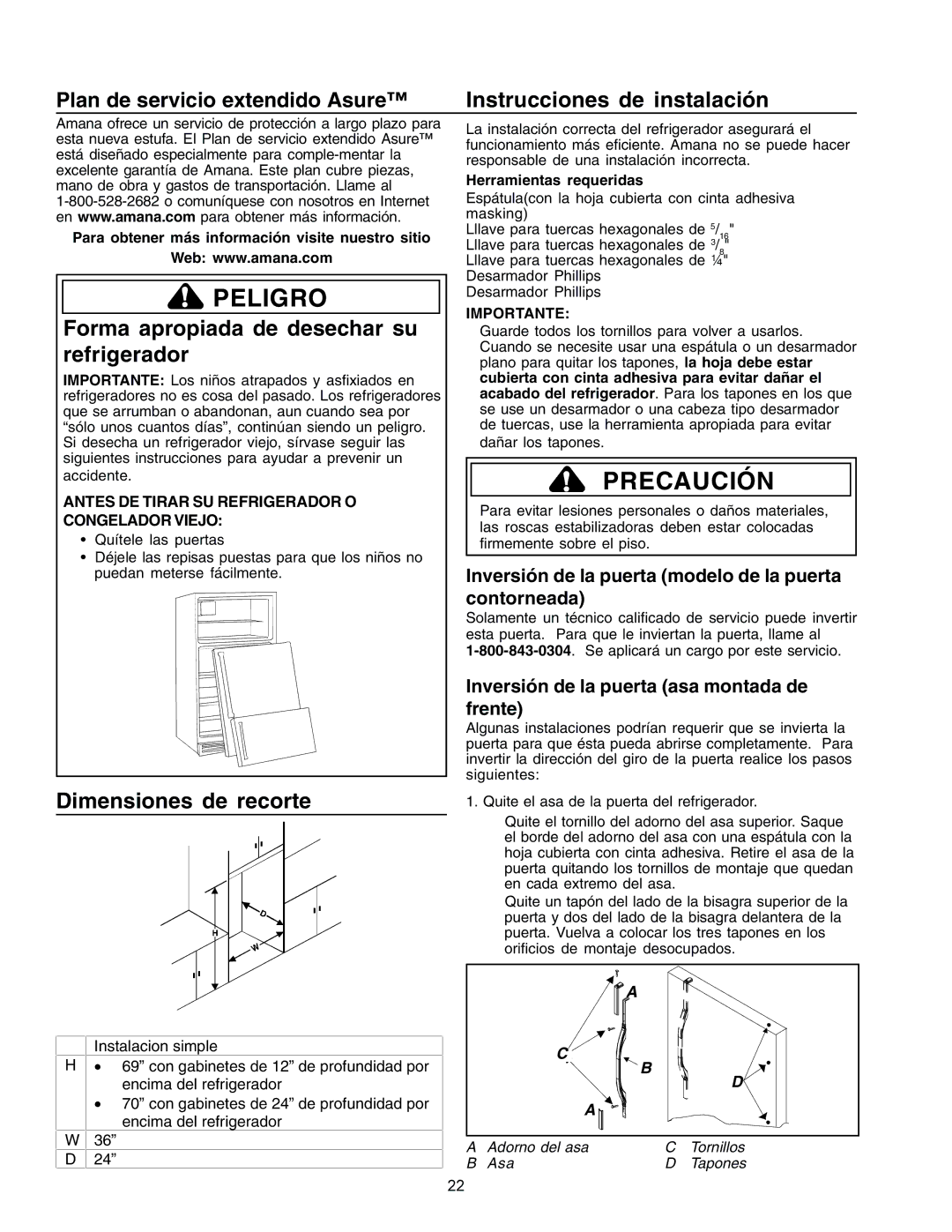 Amana IA 52204-0001 Instrucciones de instalación, Forma apropiada de desechar su refrigerador, Dimensiones de recorte 