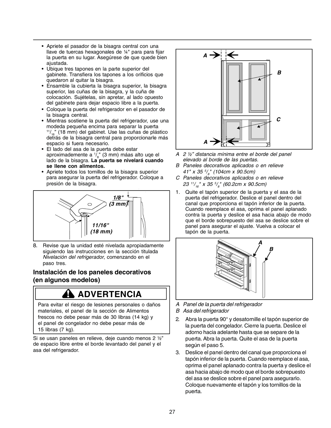 Amana IA 52204-0001 owner manual Instalación de los paneles decorativos en algunos modelos 