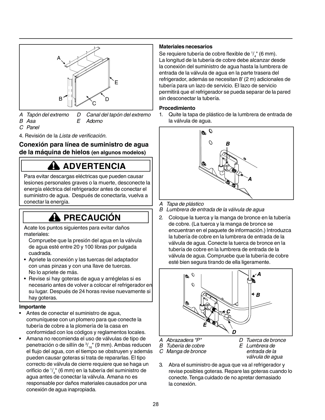 Amana IA 52204-0001 owner manual Importante, Materiales necesarios, Procedimiento, Abrazadera P 