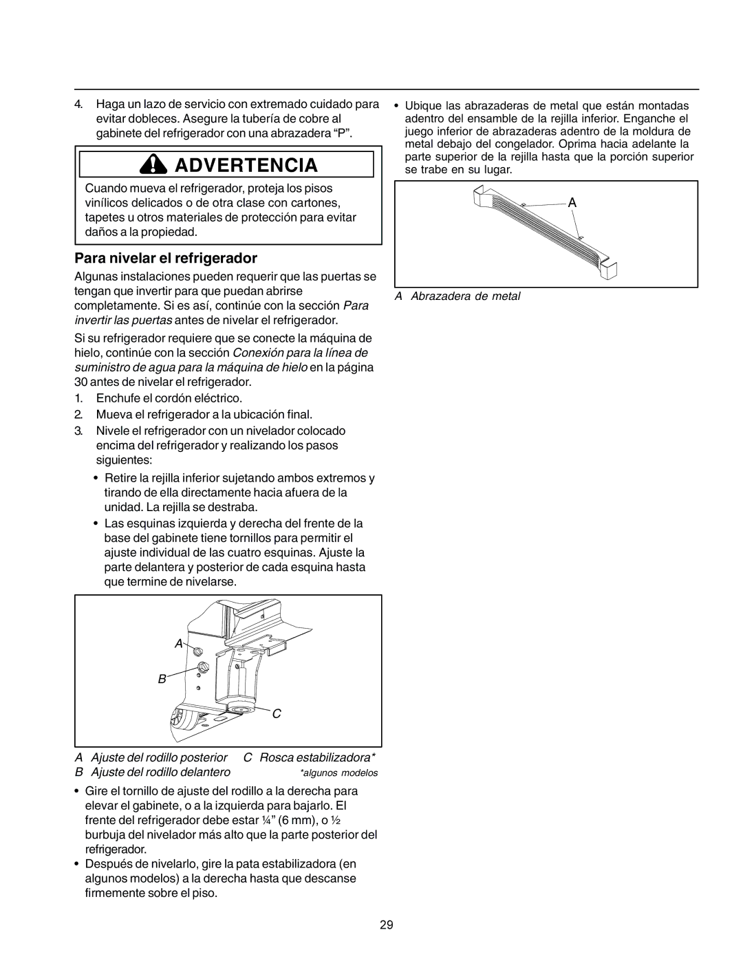 Amana IA 52204-0001 owner manual Para nivelar el refrigerador 