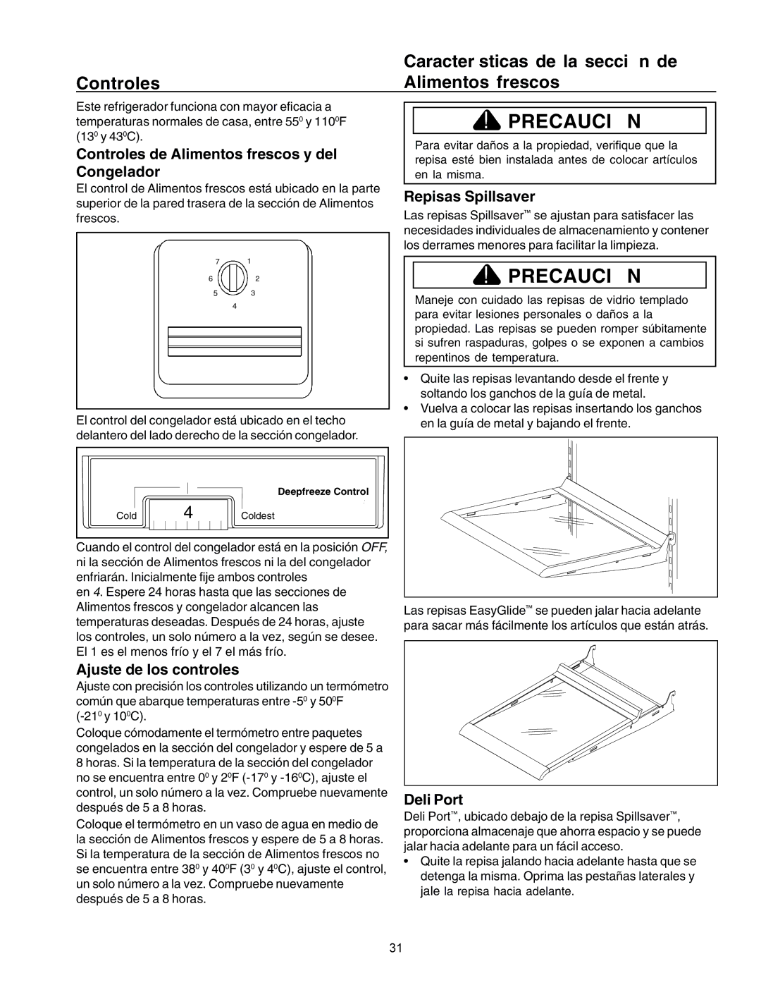 Amana IA 52204-0001 owner manual Características de la sección de, Controles Alimentos frescos 