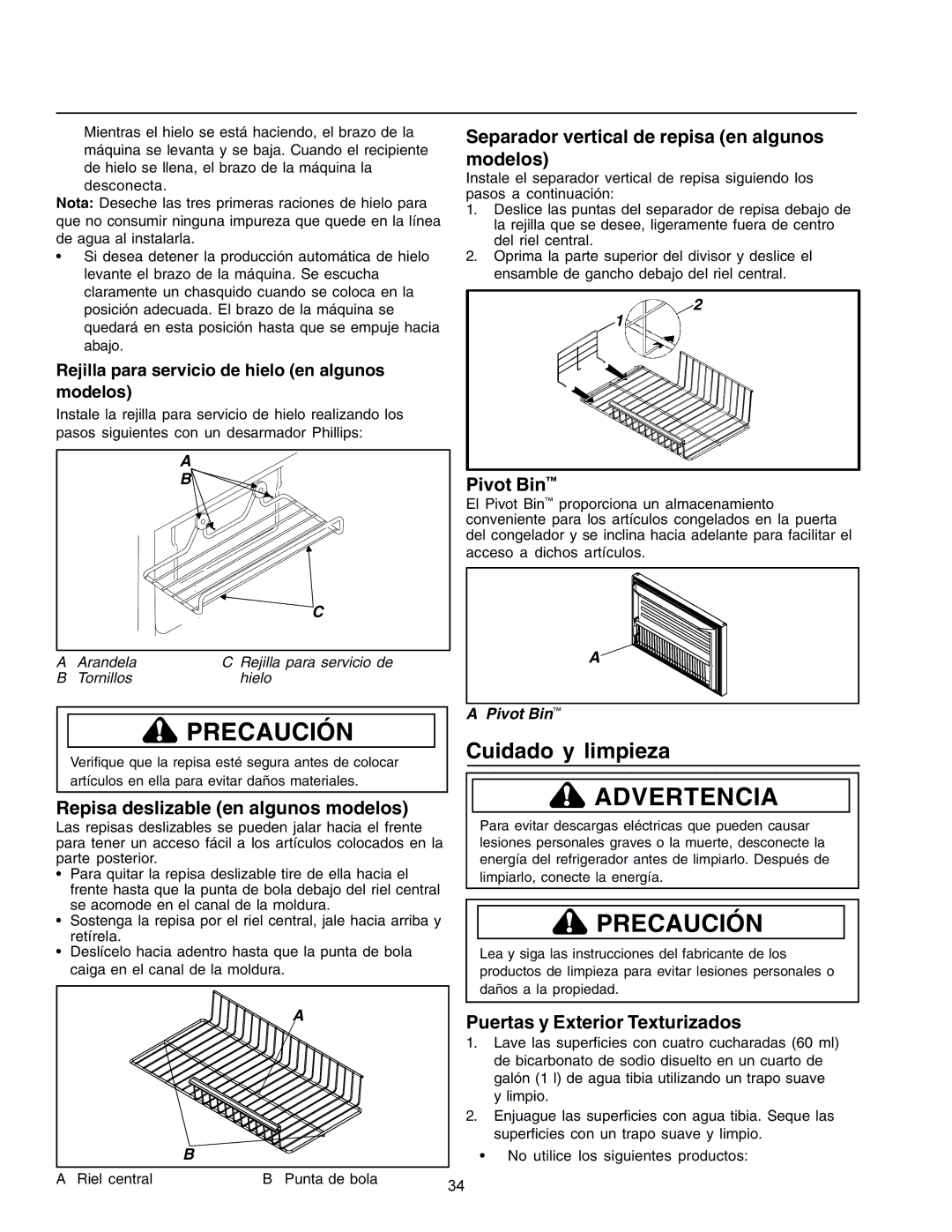 Amana IA 52204-0001 Cuidado y limpieza, Separador vertical de repisa en algunos modelos, Puertas y Exterior Texturizados 