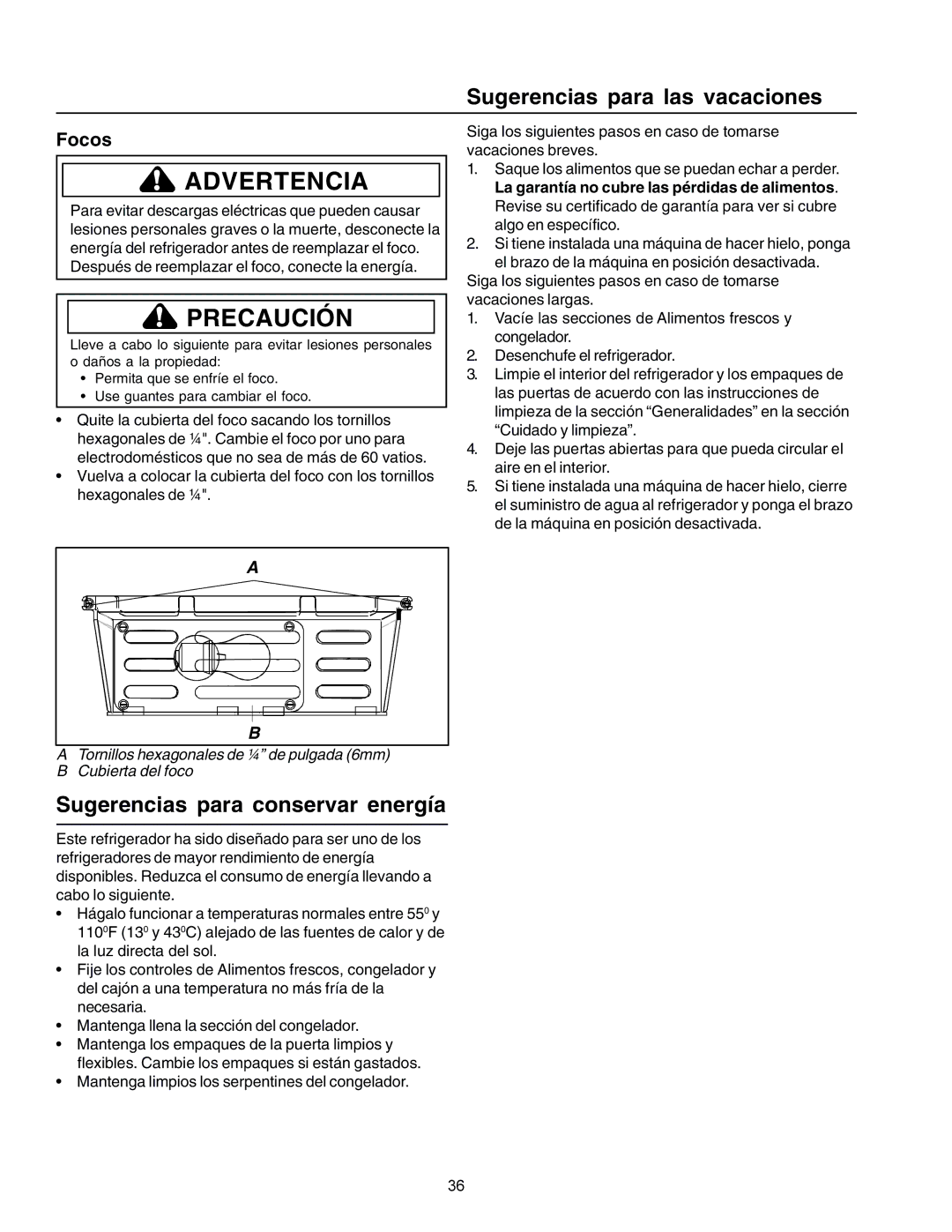 Amana IA 52204-0001 owner manual Sugerencias para las vacaciones, Sugerencias para conservar energía, Focos 