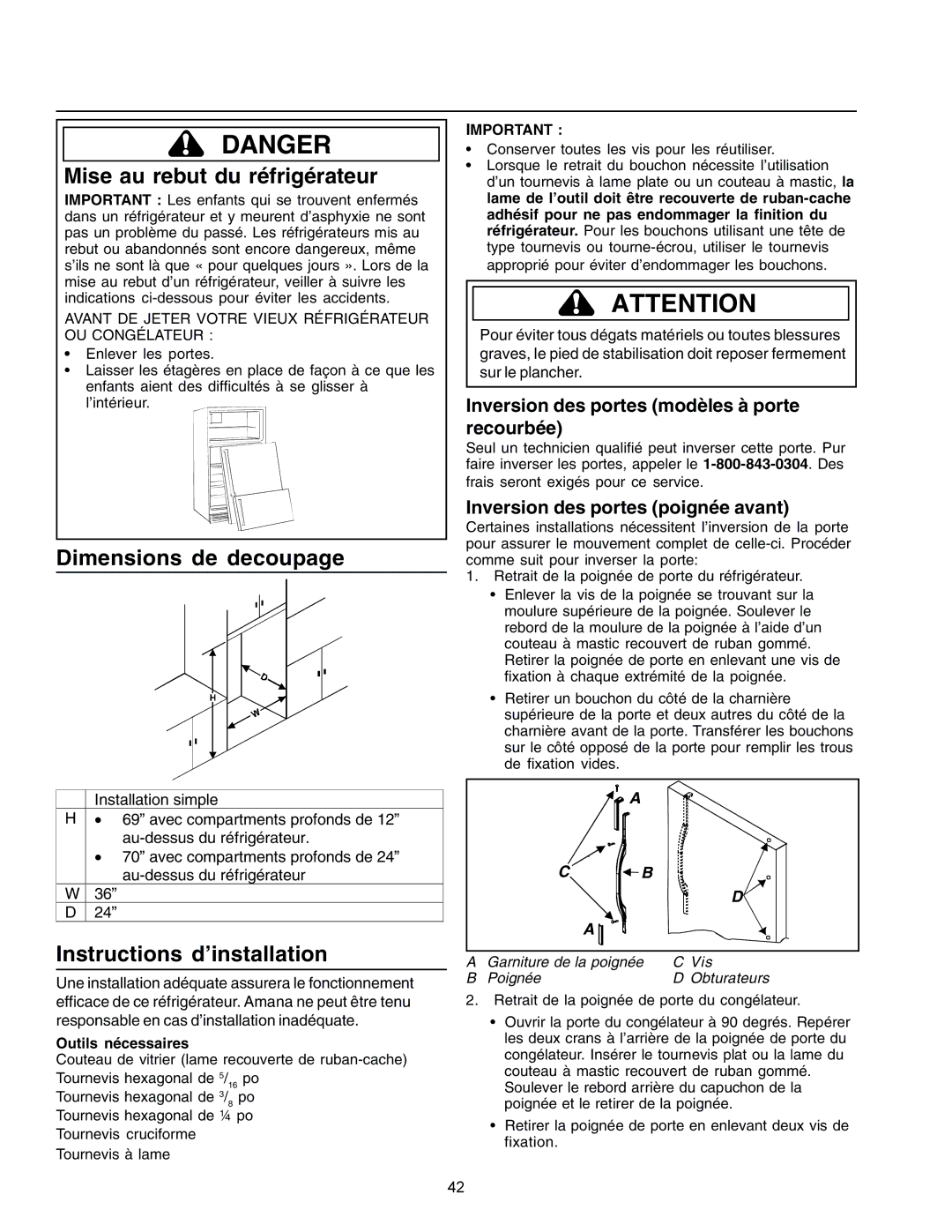 Amana IA 52204-0001 owner manual Mise au rebut du réfrigérateur, Dimensions de decoupage, Instructions d’installation 