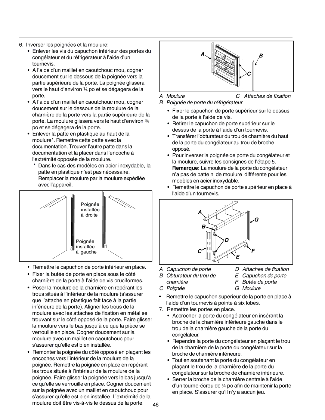 Amana IA 52204-0001 owner manual Poignée installée Droite Installée Gauche 