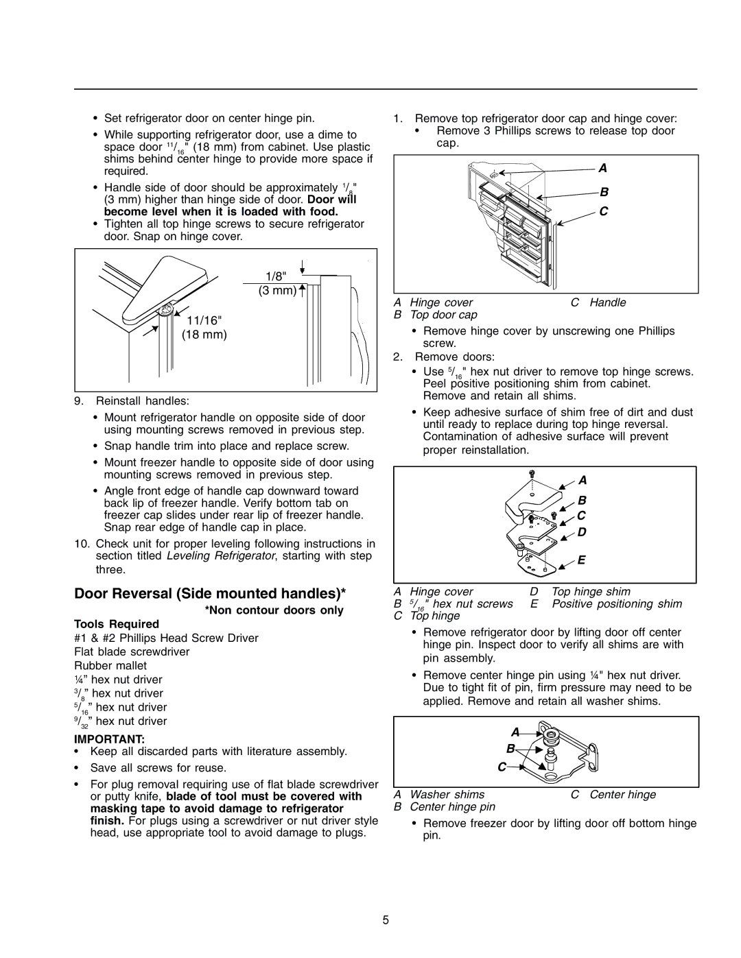 Amana IA 52204-0001 owner manual Door Reversal Side mounted handles, Non contour doors only Tools Required 