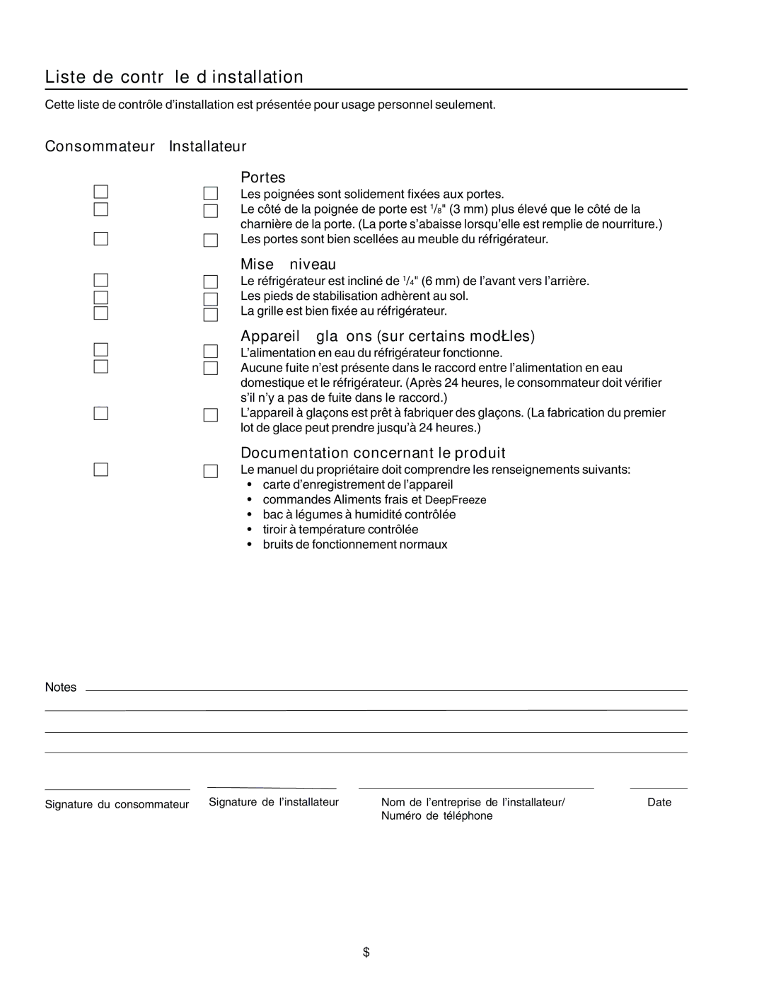 Amana IA 52204-0001 owner manual Liste de contrôle d’installation, Consommateur Installateur Portes, Mise à niveau 