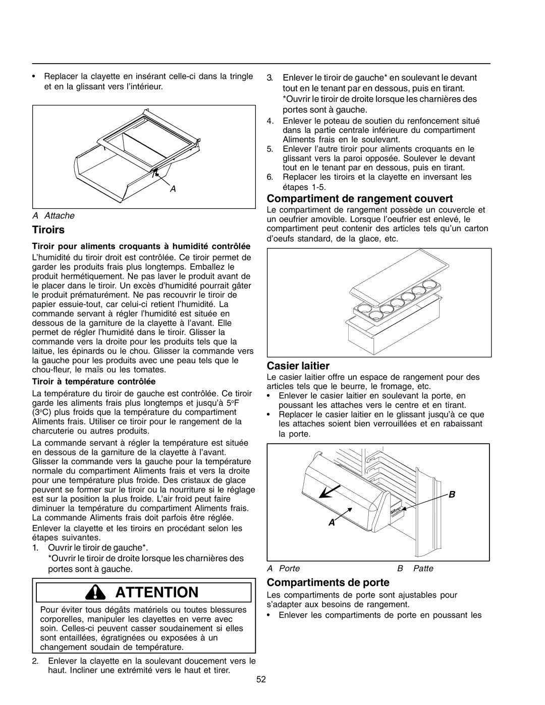 Amana IA 52204-0001 owner manual Tiroirs, Compartiment de rangement couvert, Casier laitier, Compartiments de porte 