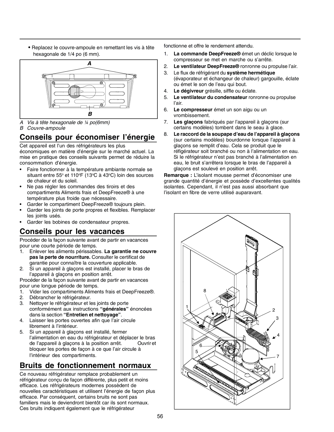 Amana IA 52204-0001 Conseils pour économiser l’énergie, Conseils pour les vacances, Bruits de fonctionnement normaux 